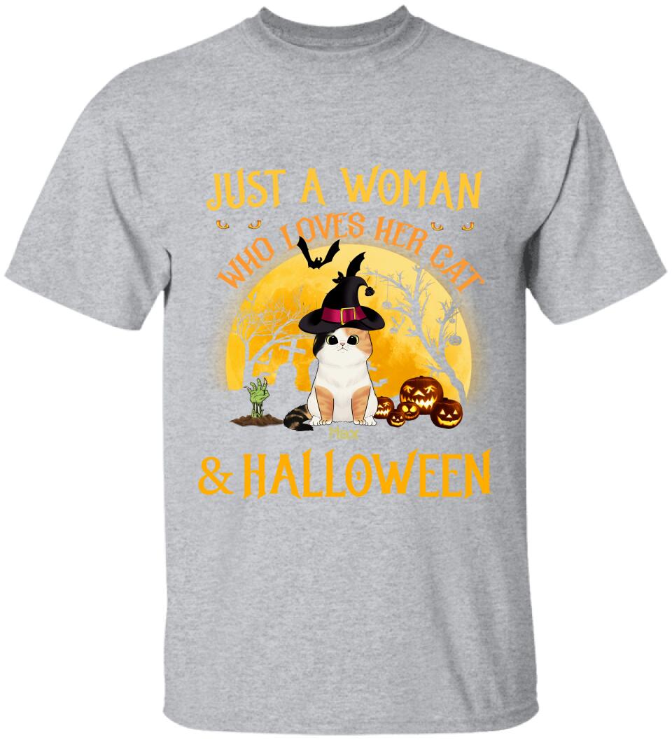 Just A Woman Who Loves Her Cats And Halloween - Personalized T-shirt