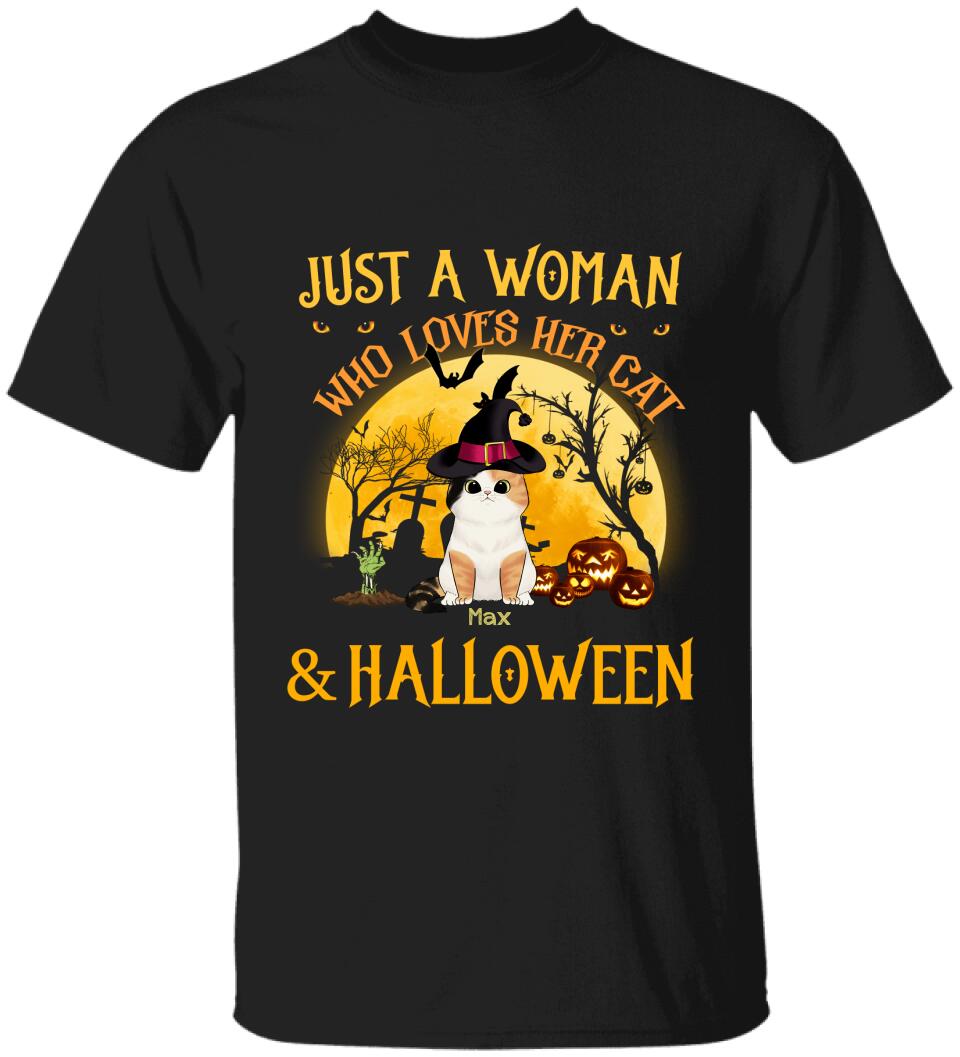 Just A Woman Who Loves Her Cats And Halloween - Personalized T-shirt