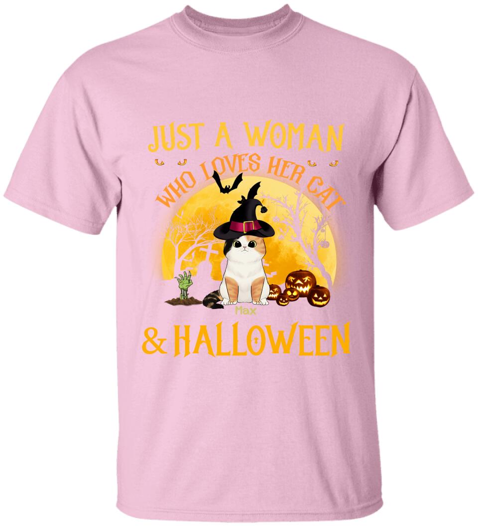 Just A Woman Who Loves Her Cats And Halloween - Personalized T-shirt