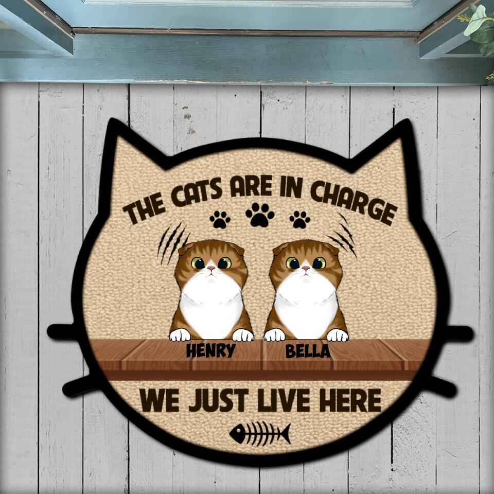 The Cats Are In Charge We Just Live Here - Personalized Cat Face Shaped Doormat