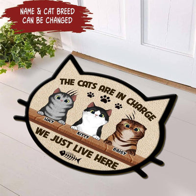 The Cats Are In Charge We Just Live Here - Personalized Cat Face Shaped Doormat