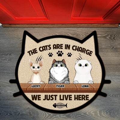The Cats Are In Charge We Just Live Here - Personalized Cat Face Shaped Doormat