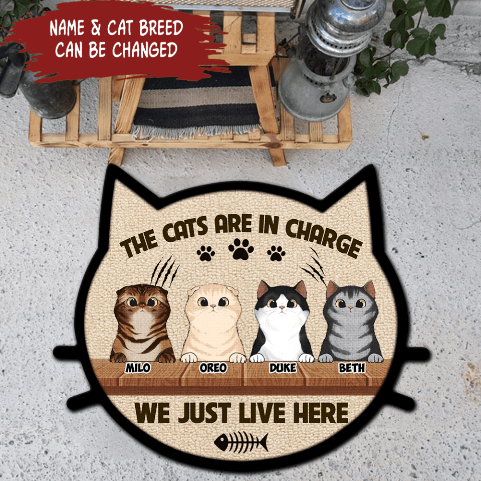 The Cats Are In Charge We Just Live Here - Personalized Cat Face Shaped Doormat