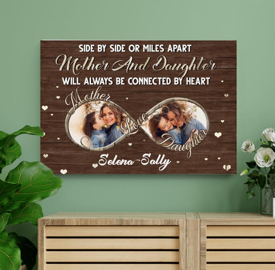 Side By Side Or Miles Apart Mother And Daughter Will Always Be Connected By Heart - Personalized Canvas