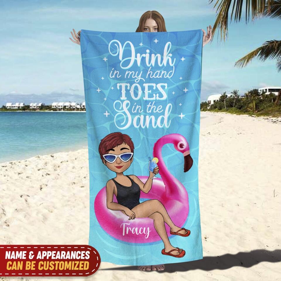 Drink In My Hand Toes In The Sand - Personalized Beach Towel