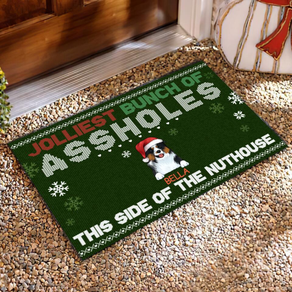 Jolliest Bunch of A**holes This Side of the Nuthouse - Personalized Christmas Doormat