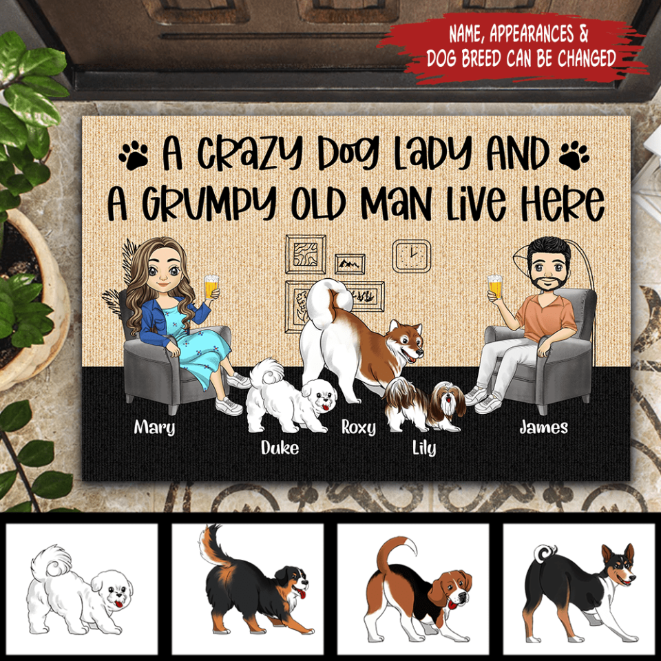 A Crazy Dog Lady And A Grumpy Old Man Live Here - Personalized Doormat