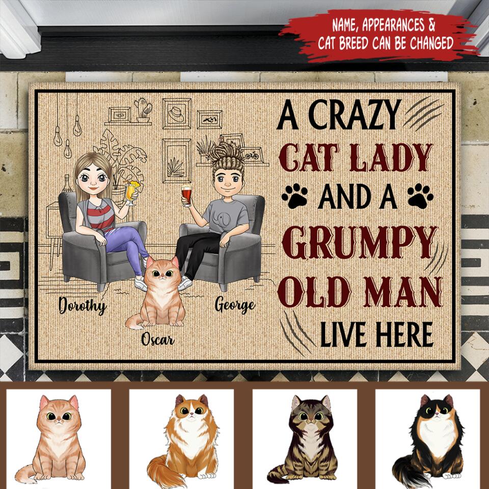 A Crazy Cat Lady And A Grumpy Old Man Live Here - Funny Personalized Doormat