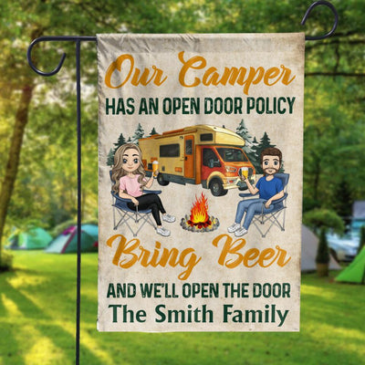 Our Camper Has An Open Door Policy Bring Beer And We'll Open The Door - Personalized Garden Flags