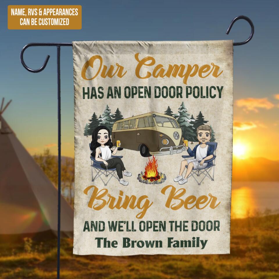 Our Camper Has An Open Door Policy Bring Beer And We'll Open The Door - Personalized Garden Flags