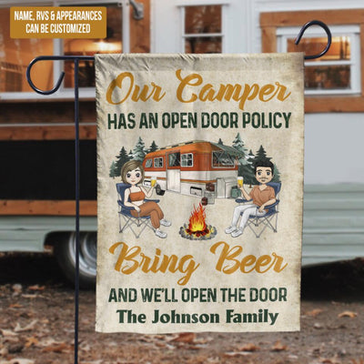 Our Camper Has An Open Door Policy Bring Beer And We'll Open The Door - Personalized Garden Flags