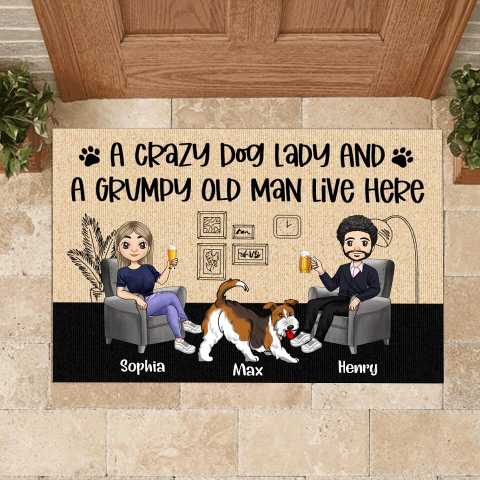 A Crazy Dog Lady And A Grumpy Old Man Live Here - Personalized Doormat