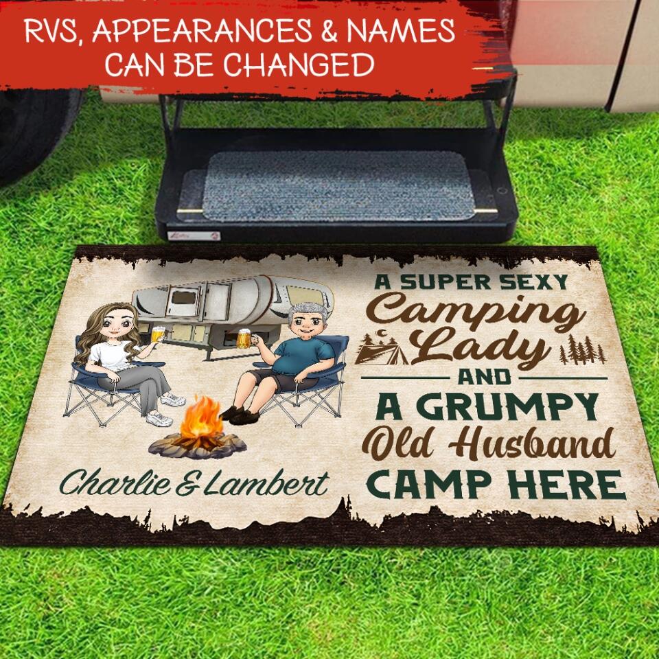 A Super Sexy Camping Lady & A Grumpy Old Husband Camp Here -Personalized Doormat