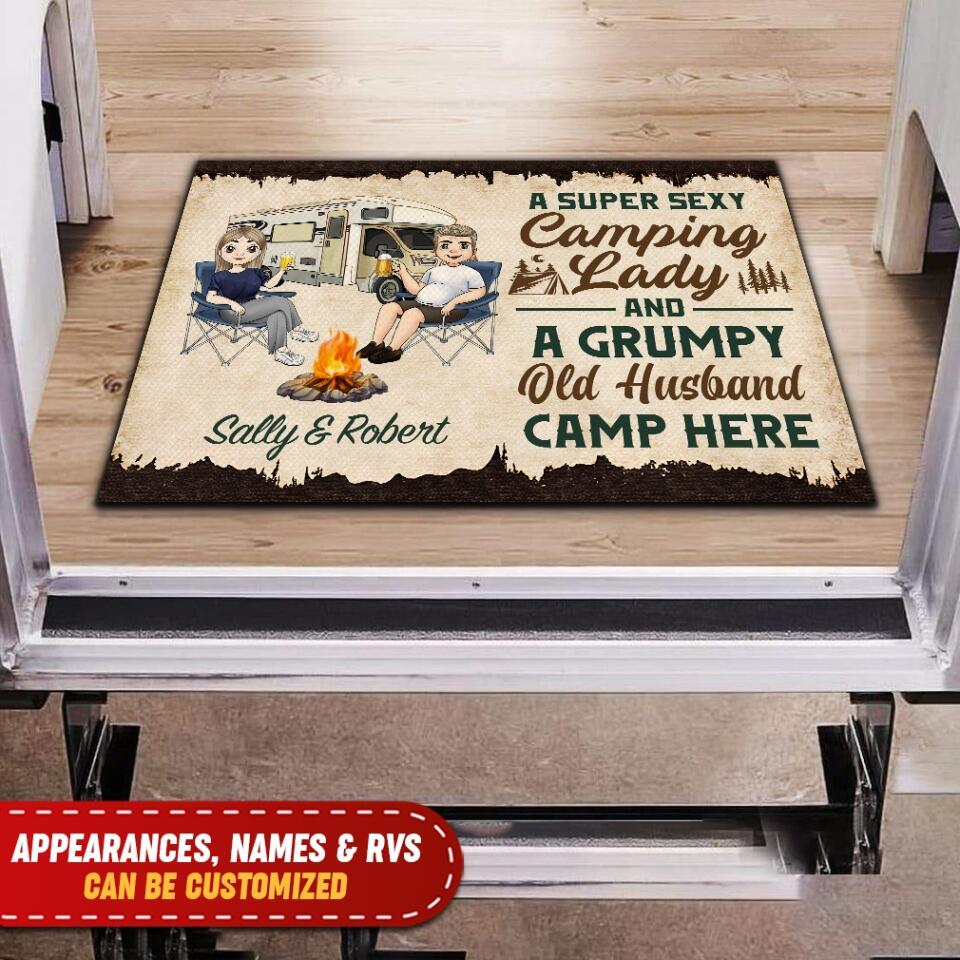 A Super Sexy Camping Lady & A Grumpy Old Husband Camp Here -Personalized Doormat