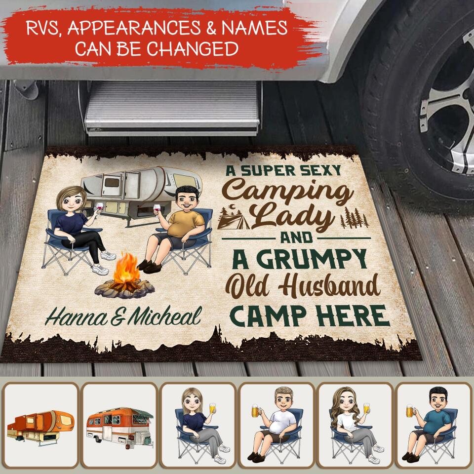 A Super Sexy Camping Lady & A Grumpy Old Husband Camp Here -Personalized Doormat