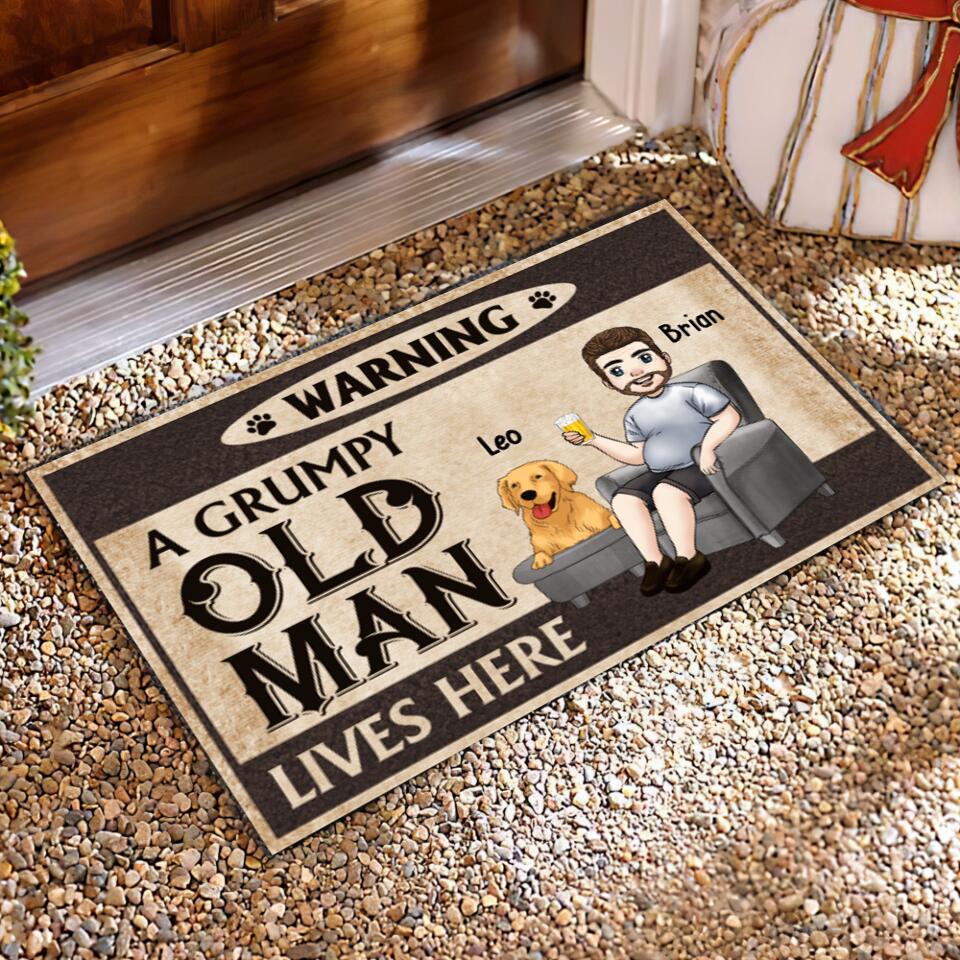 Warning A Grumpy Old Man Lives - Personalized Doormat, Gift For Dad