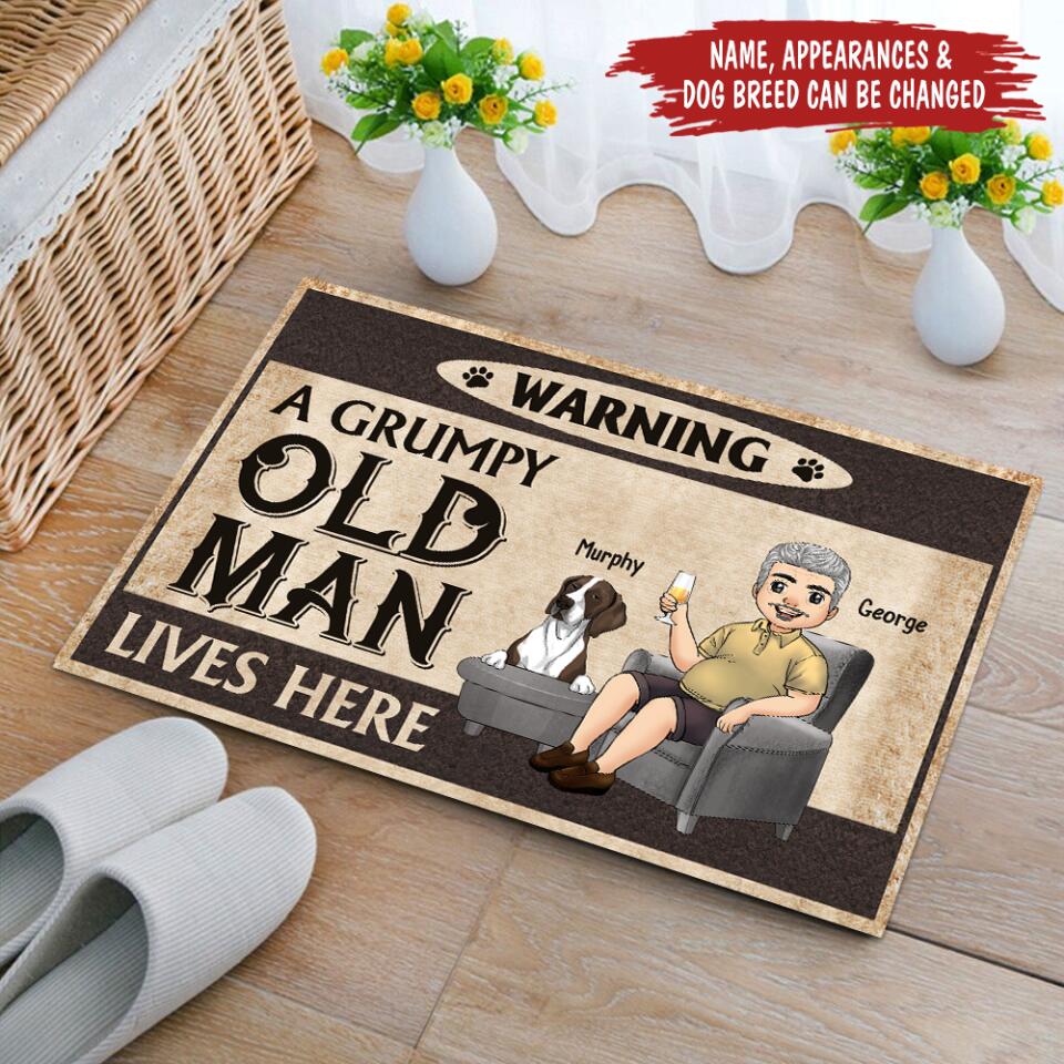 Warning A Grumpy Old Man Lives - Personalized Doormat, Gift For Dad