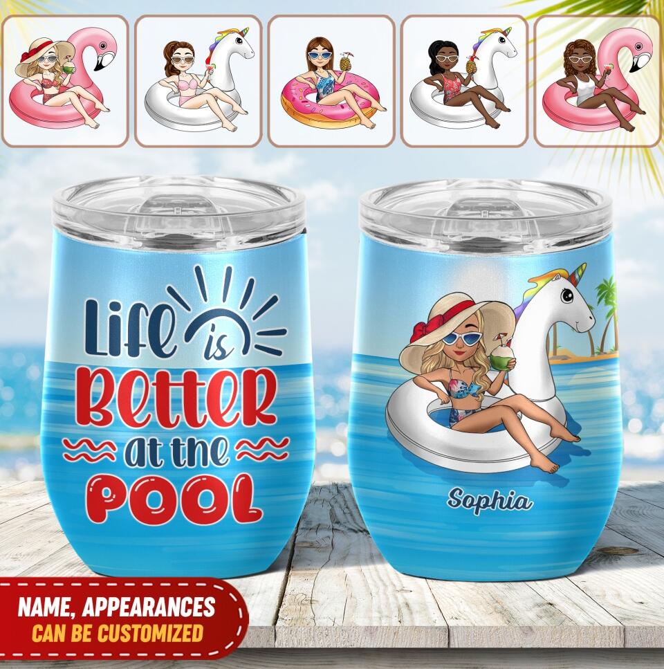 Day Drinking At The Pool Is My Happy Place - Personalized Wine Tumbler