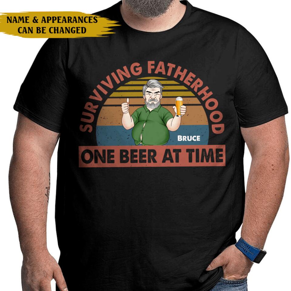 Surviving Fatherhood One Beer At Time - Personalized T-Shirt, Gift For Dad
