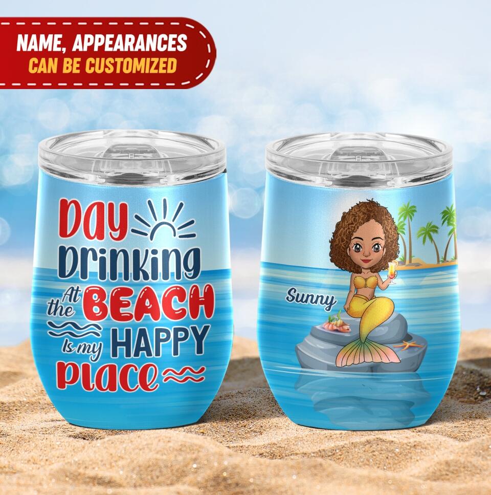 Day Drinking At The Beach Is My Happy Place - Personalized Wine Tumbler, Gift For Beach Lovers