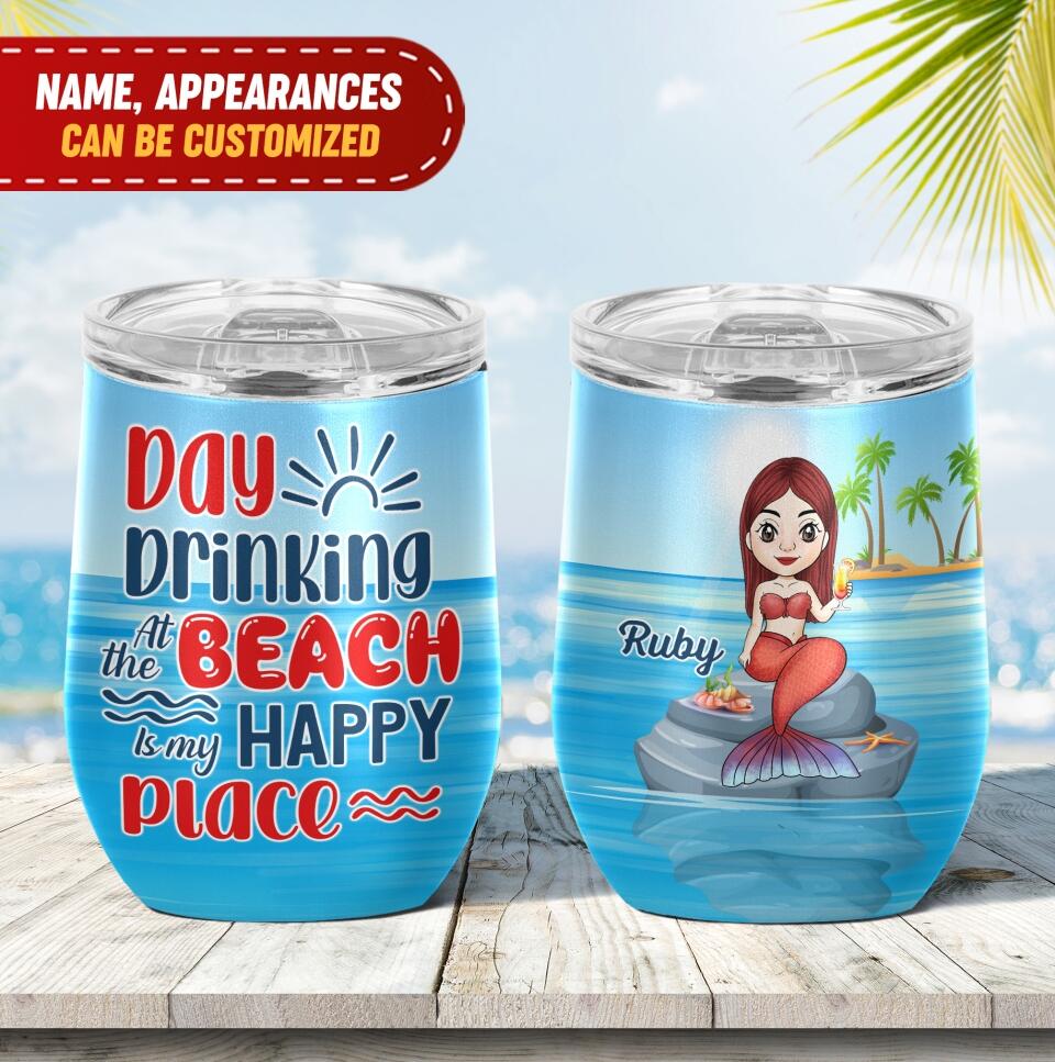 Day Drinking At The Beach Is My Happy Place - Personalized Wine Tumbler, Gift For Beach Lovers