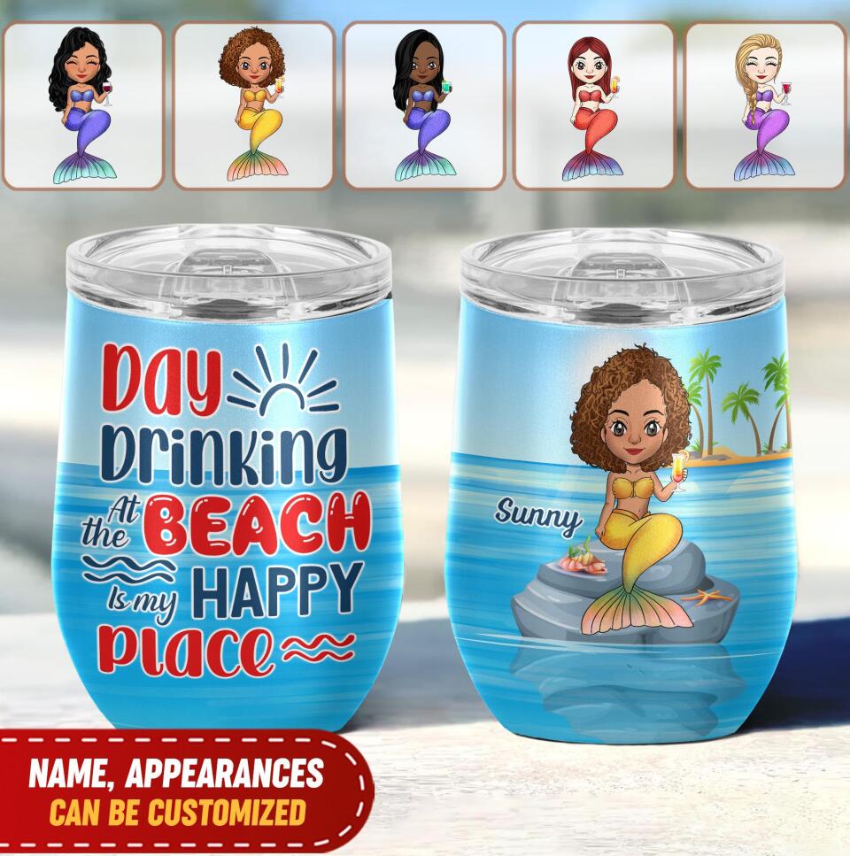 Day Drinking At The Beach Is My Happy Place - Personalized Wine Tumbler, Gift For Beach Lovers