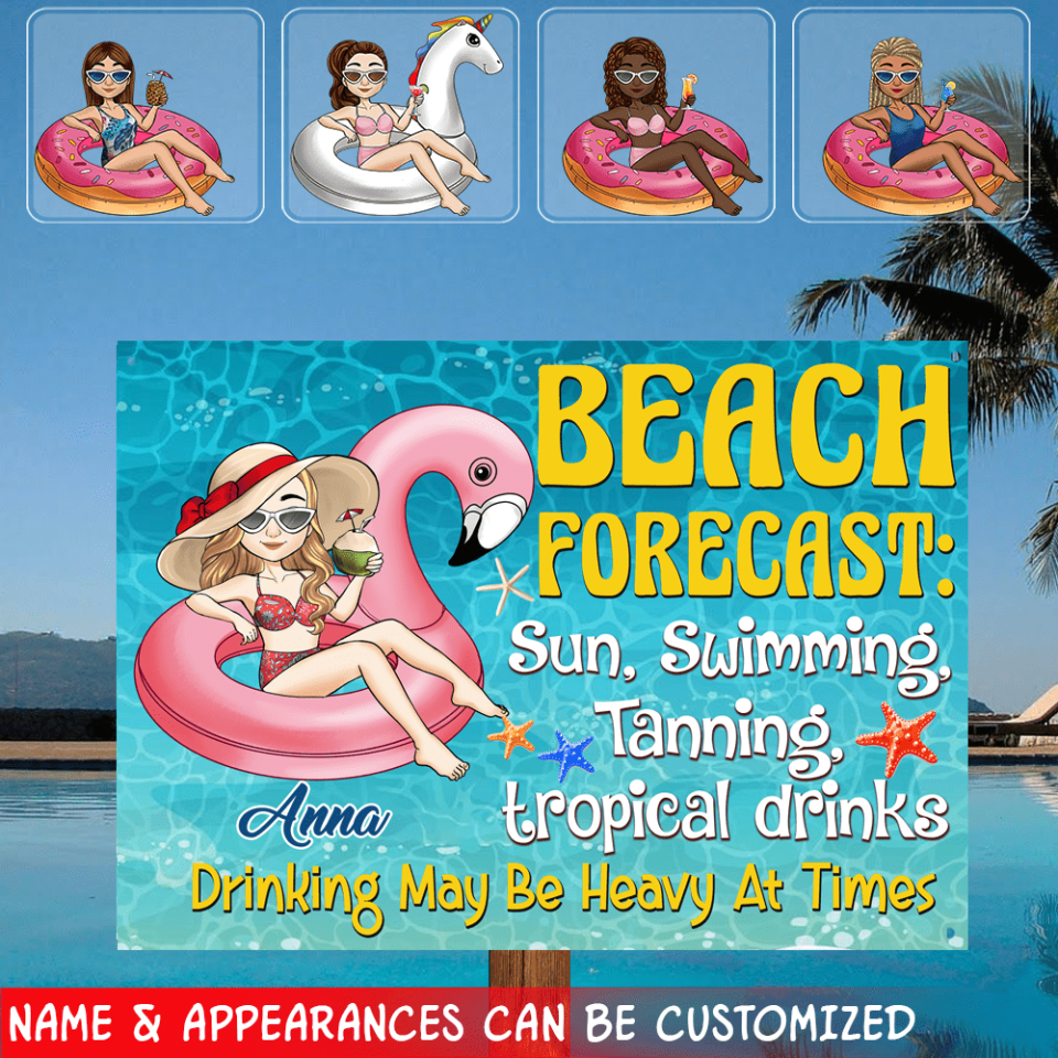Beach Forecast, Sun, Swimming, Tanning, Tropical Drinks. Drinking May Be Heavy At Times - Metal sign
