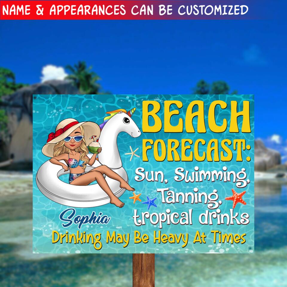 Beach Forecast, Sun, Swimming, Tanning, Tropical Drinks. Drinking May Be Heavy At Times - Metal sign