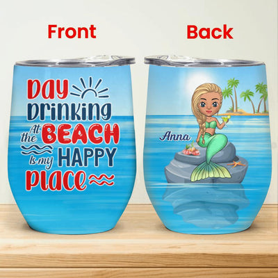 Day Drinking At The Beach Is My Happy Place - Personalized Wine Tumbler, Gift For Beach Lovers