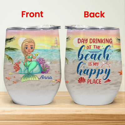Day Drinking At The Beach  Is  My Happy Place Sunset - Personalized  Wine Tumbler