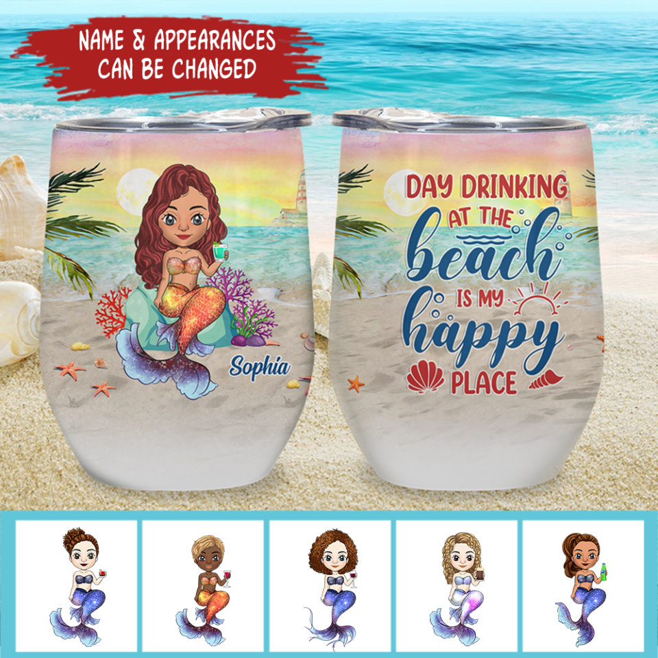 Day Drinking At The Beach  Is  My Happy Place Sunset - Personalized  Wine Tumbler