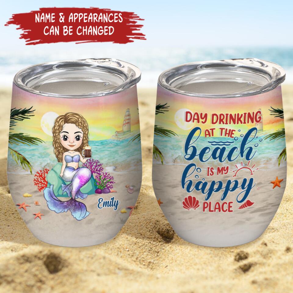 Day Drinking At The Beach  Is  My Happy Place Sunset - Personalized  Wine Tumbler