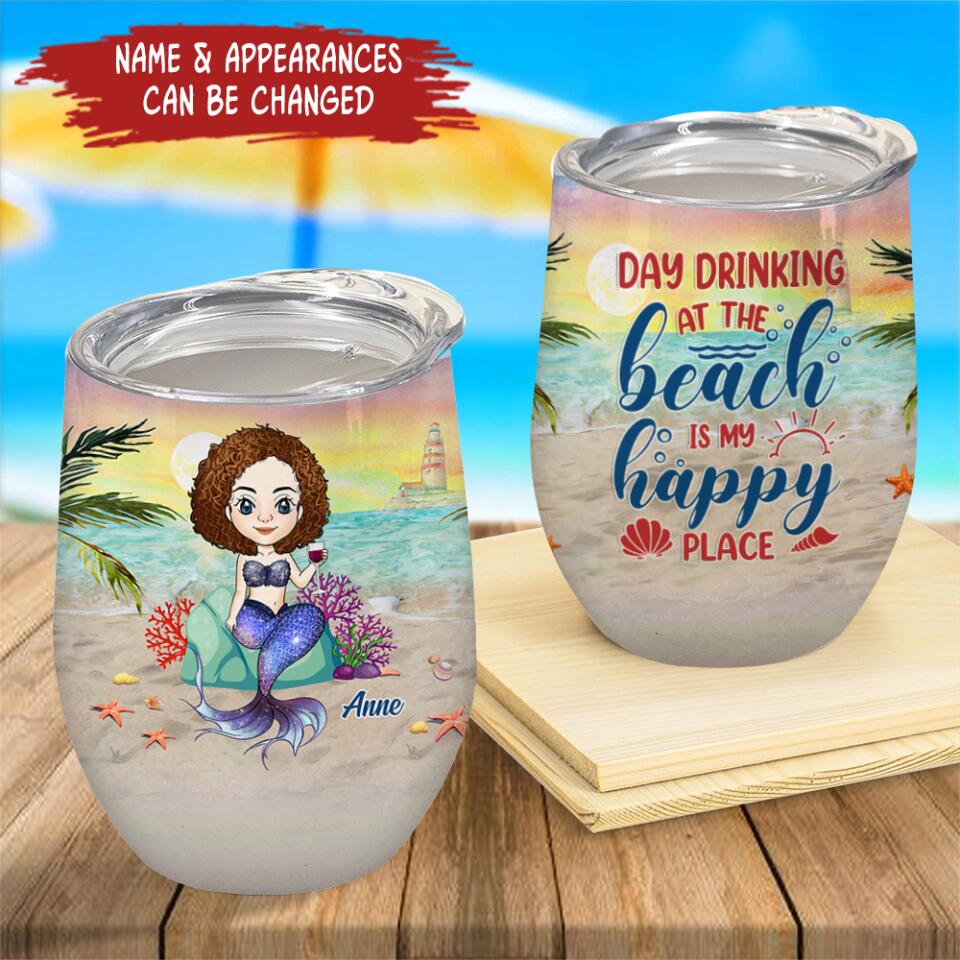 Day Drinking At The Beach  Is  My Happy Place Sunset - Personalized  Wine Tumbler