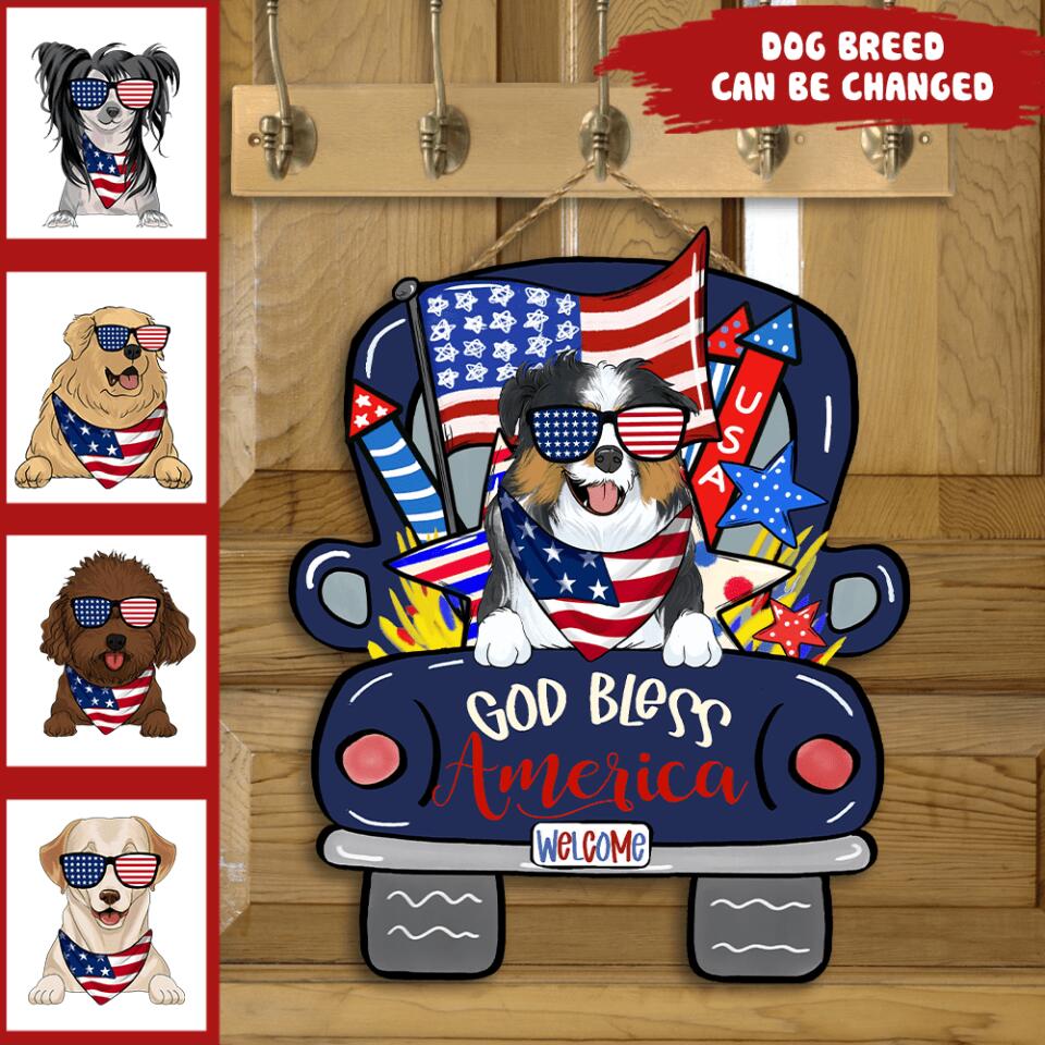 God Bless America - Personalized Wood Door sign, Happy Independence Day, 4th of July Decor, Gift For Dog Lover