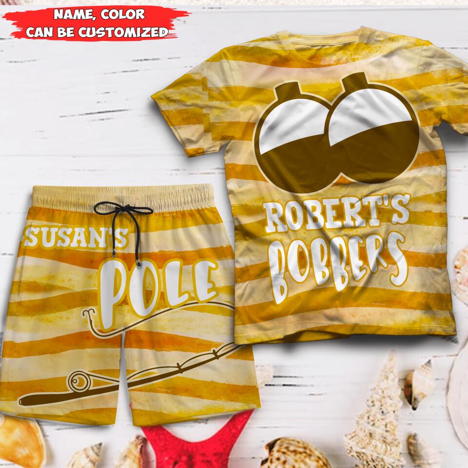 His Bobber, Her Pole Couple - Personalized Couple Beach Shorts, T-shirt - Gift For Couples, Husband Wife