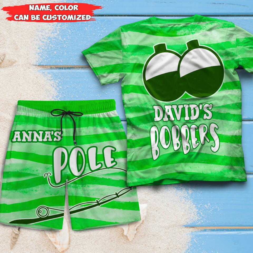 His Bobber, Her Pole Couple - Personalized Couple Beach Shorts, T-shirt - Gift For Couples, Husband Wife