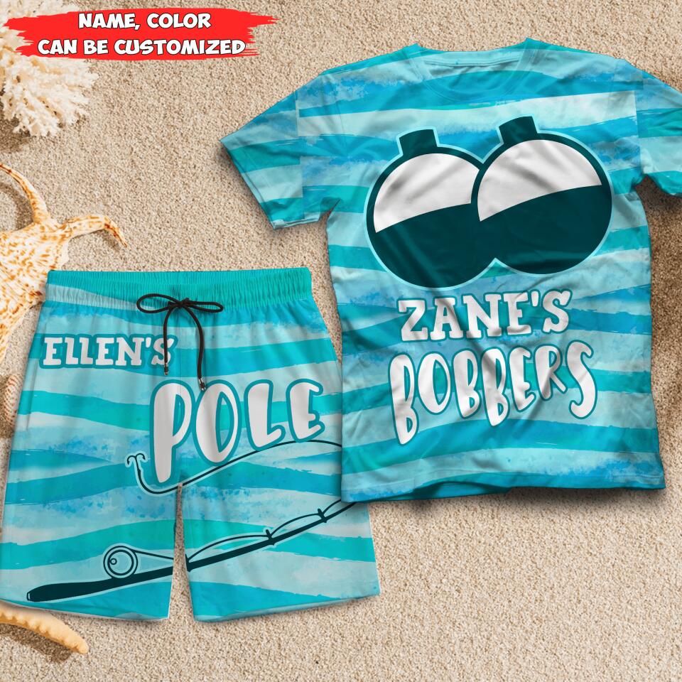 His Bobber, Her Pole Couple - Personalized Couple Beach Shorts, T-shirt - Gift For Couples, Husband Wife