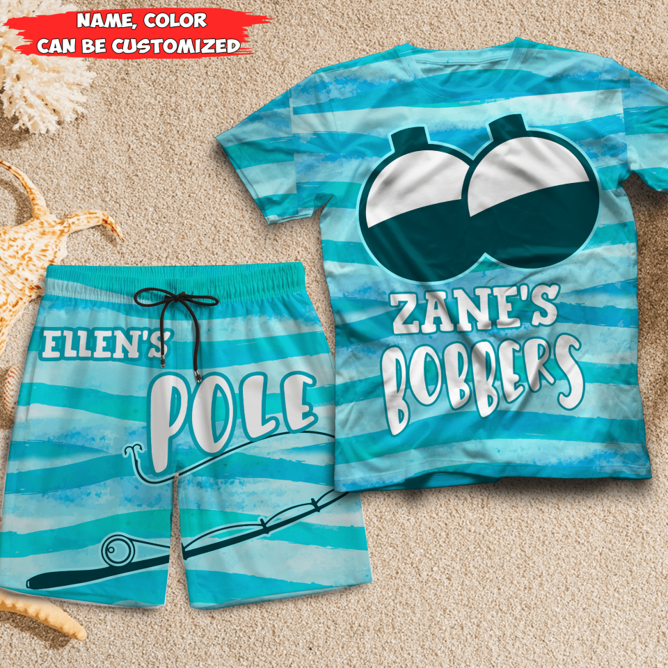 His Bobber, Her Pole Couple - Personalized Couple Beach Shorts, T-shirt - Gift For Couples, Husband Wife