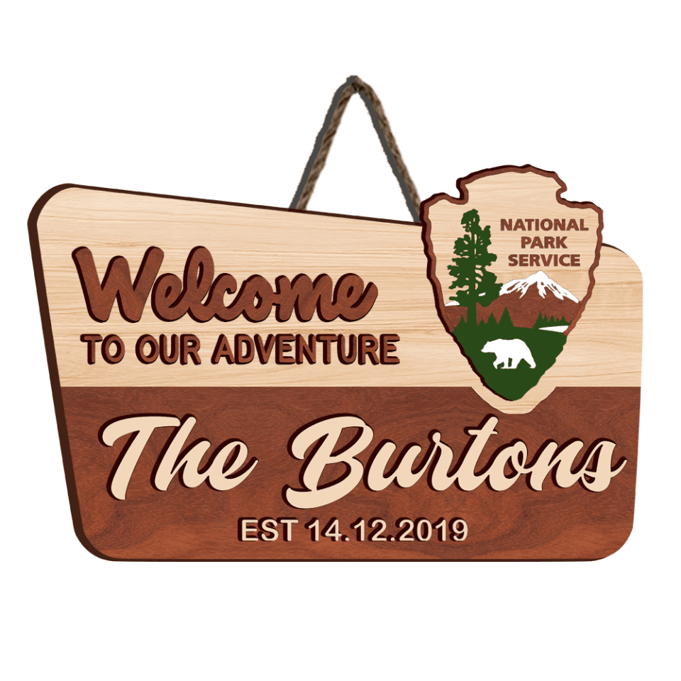 Welcome To Our Adventure - Personalized Door Sign 2 Layer, Camping Decoration