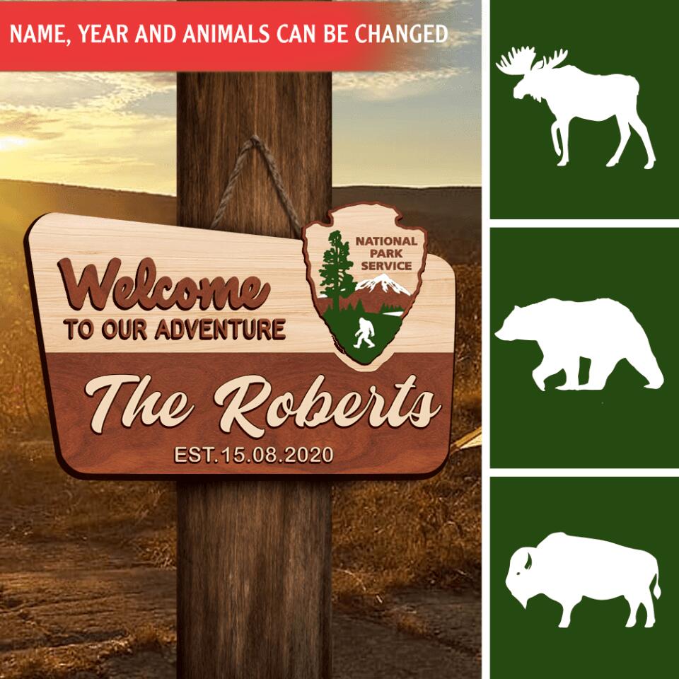 Welcome To Our Adventure - Personalized Door Sign 2 Layer, Camping Decoration