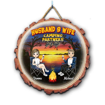 Husband and Wife Camping Partners For Life - Personalized Wooden Door Sign, Gift For Camper