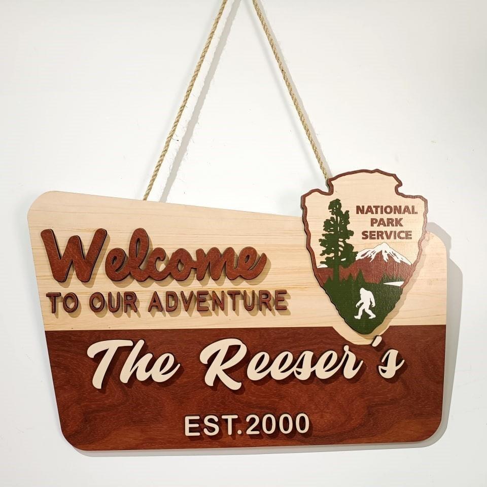 Welcome To Our Adventure - Personalized Door Sign 2 Layer, Camping Decoration