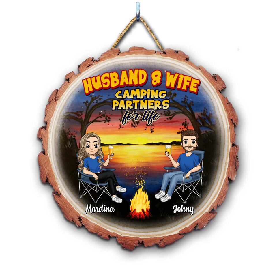 Husband and Wife Camping Partners For Life - Personalized Wooden Door Sign, Gift For Camper