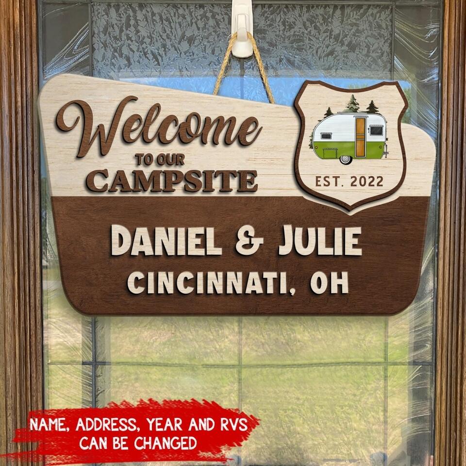 Welcome To Our Campsite - Personalized Wooden Door Sign 2 Layer