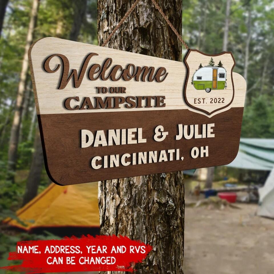 Welcome To Our Campsite - Personalized Wooden Door Sign 2 Layer