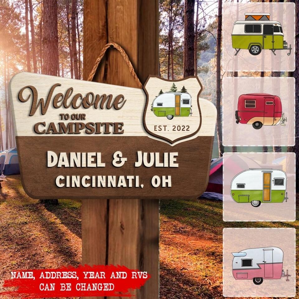 Welcome To Our Campsite - Personalized Wooden Door Sign 2 Layer