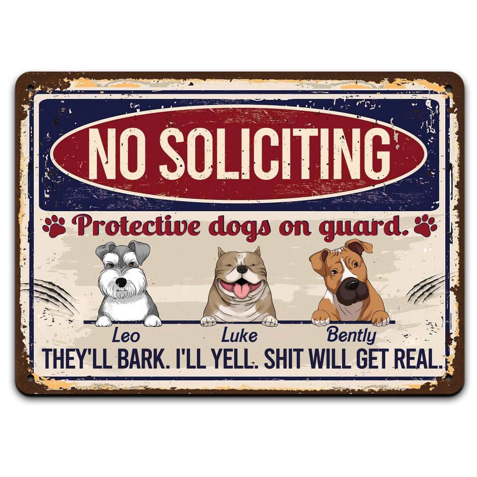No Soliciting Protective Dogs On Guard - Personalized Metal Sign For Dog Lovers