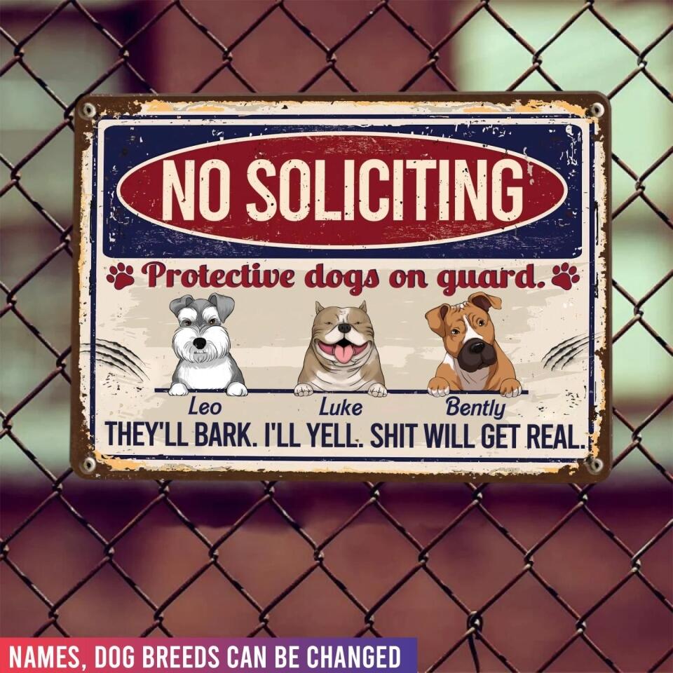 No Soliciting Protective Dogs On Guard - Personalized Metal Sign For Dog Lovers