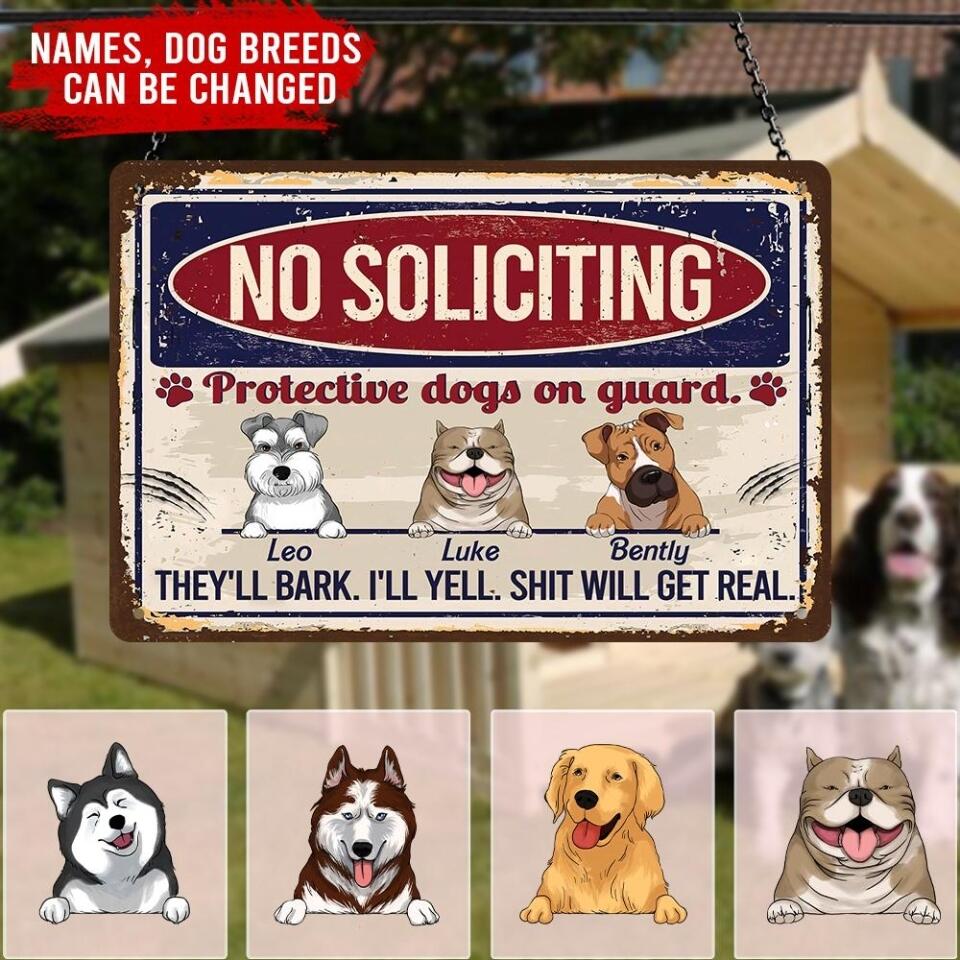 No Soliciting Protective Dogs On Guard - Personalized Metal Sign For Dog Lovers