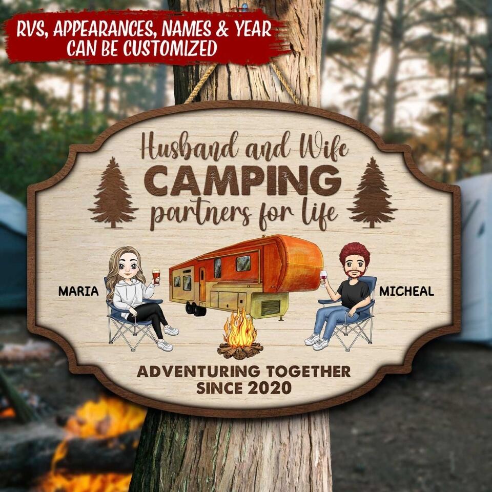 Husband And Wife Camping Partners For Life  - Personalized Wooden Sign